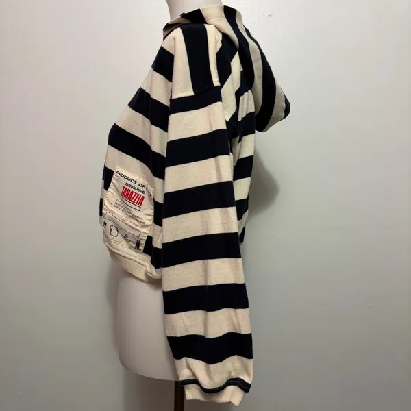 Tarazzia Sport Cropped Hoodie M Navy Cream Stripe Nautical Marin Bleu 90s French - Image 3