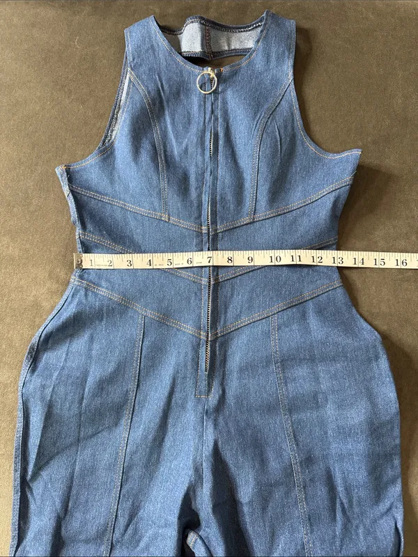 Sleeveless Sexy Blue Denim Jumpsuit Front Zip Slim Fit Retro 70s Flare Size S - Image 11