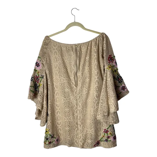 Judith March Shirt Women Large Beige Lace Embroidered Bell Sleeve Tunic Boho‎ - Image 3