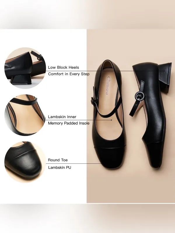 Classic Black Mary Jane Loafers with Low Block Heel - Image 2