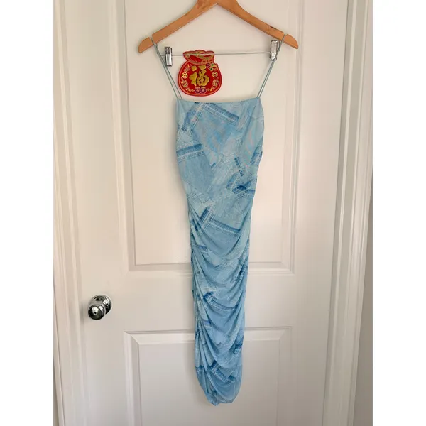 Good American Midi Blue Dress Ruched Mesh Tank Cocktail Size 1 US‎ Small - Image 5