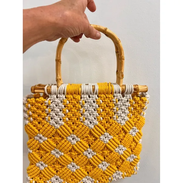 Handwoven Vintage Yellow & Cream Macramé Tote Bag with Bamboo Handles - Image 6
