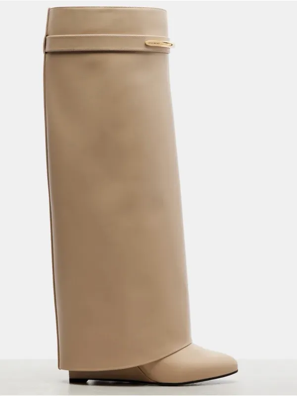 Over-the-Knee Smooth Beige Faux Leather Wedge Boots Size 9.5 Wide - Image 3