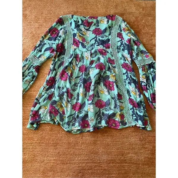 RD + Koko Anthropologie Blue Long Sleeved Teal Floral Printed Top” - Image 10