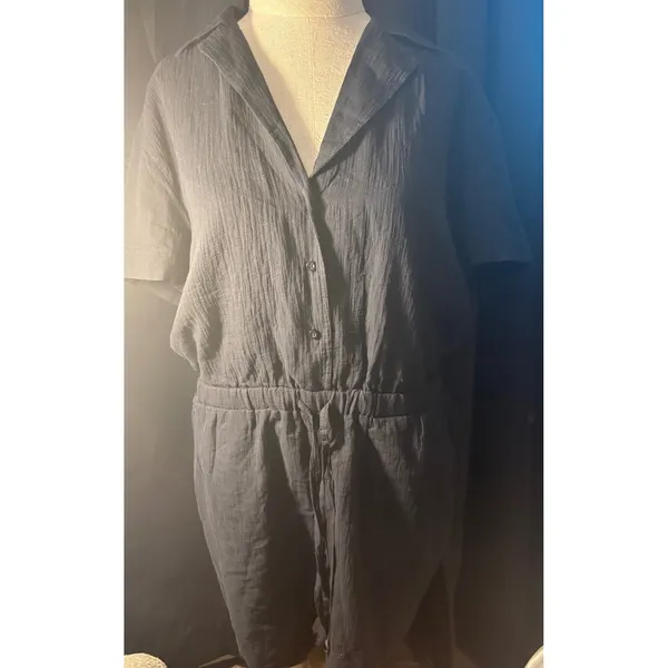 Fabletics Black Cotton Gauze Short Sleeve Romper Button Front Size M NEW - Image 7