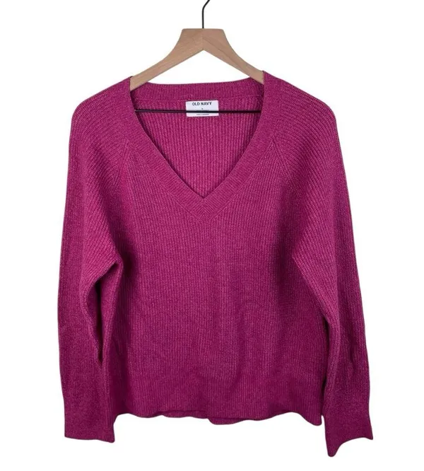 Old Navy V-Neck Melange Shaker Stitch Cocoon Pullover Sweater Berry Pink Medium - Image 3