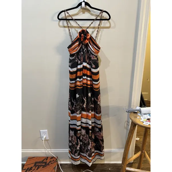 bdba Silk Maxi Dress Size Small Resort Ocean Beaded Straps Stripped 3D Halter‎ - Image 2