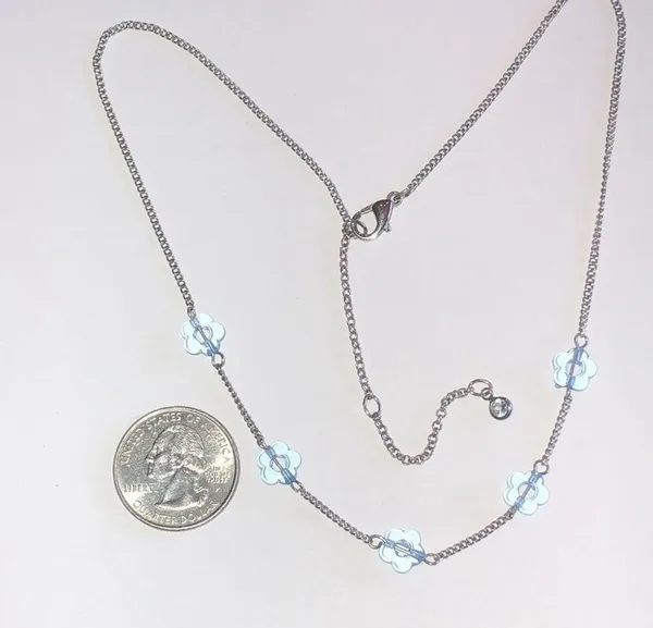 Silver Tone Clear Blue Flowers Dainty Chain Boho Necklace - Image 2