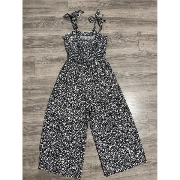 Blue Rair Women‎ Floral Jumpsuit Wide Leg Crop Tie Shoulder Smocked Waist Size L - Image 10