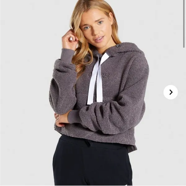 GYMSHARK Borg Cropped Hoodie in Gray Sherpa - Size M - Image 3