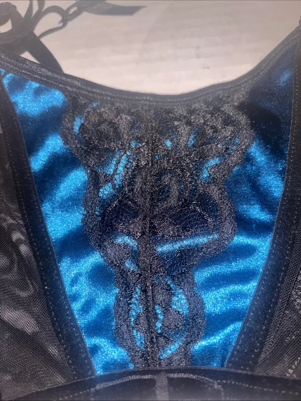 Blue Satin Garter Belt with Black Lace Trim S Coquette Girl Pinup Feminine Rave - Image 3