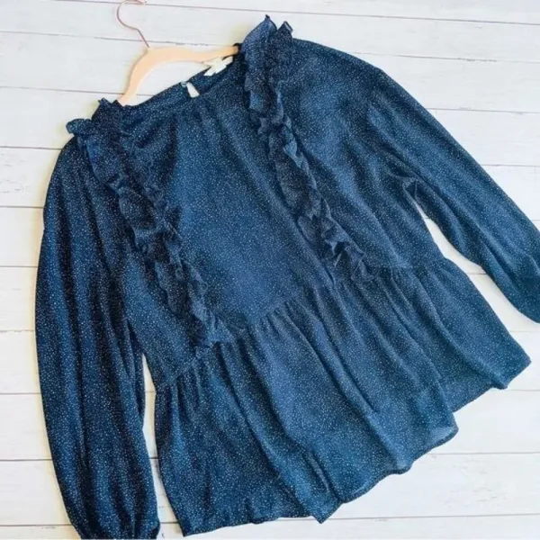 H&M Blue White‎ Printed Ruffled Long Sleeve Blouse Size 14 - Image 2