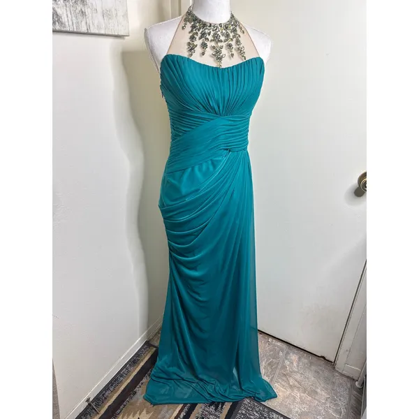 2010s Adrianna Papell Ruched Teal Gown With Beaded Halter- Size 10 Project Piece - Image 5