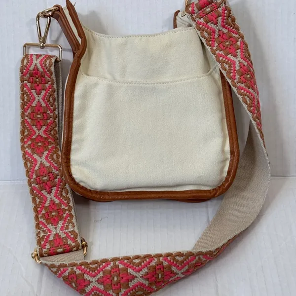 AhDorned Cream Canvas Crossbody Bag Embroidered Strap Boho - Image 11