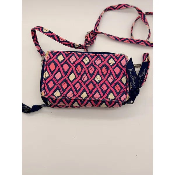 Vera Bradley Crossbody Wallet‎ Womens Small Pink Navy Blue Quilted Geometric Bag - Image 3