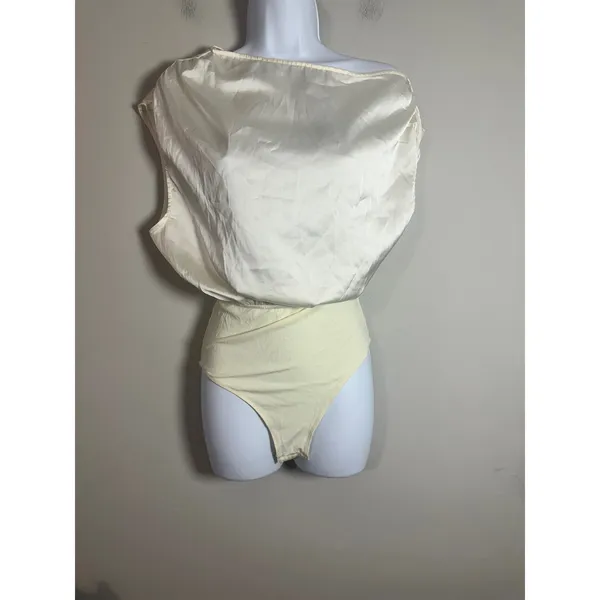 Cider Beige Satin Asymmetrical Neck Ruched Bodysuit Size XS - Image 5