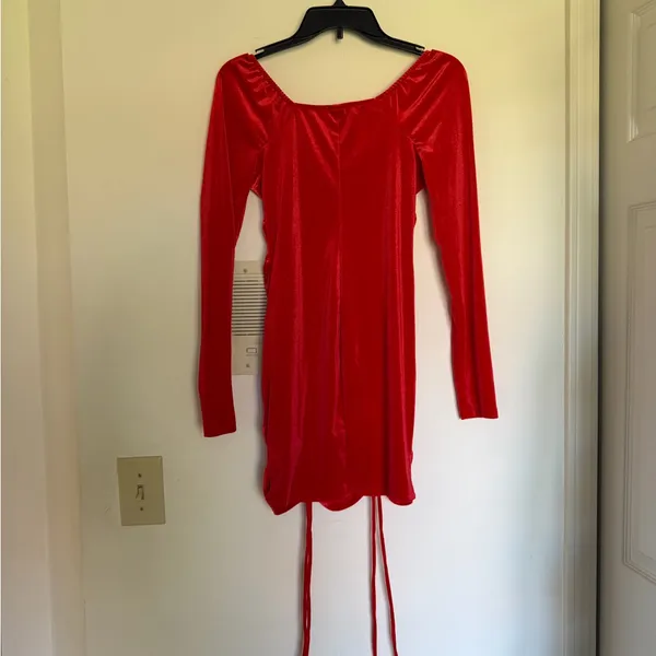 Red Ruched Long Sleeve Mini Dress - Image 3