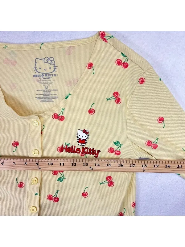 Hello Kitty Cardigan Sz M Yellow Ribbed Baby Doll Cropped Long Sleeve Button up - Image 8