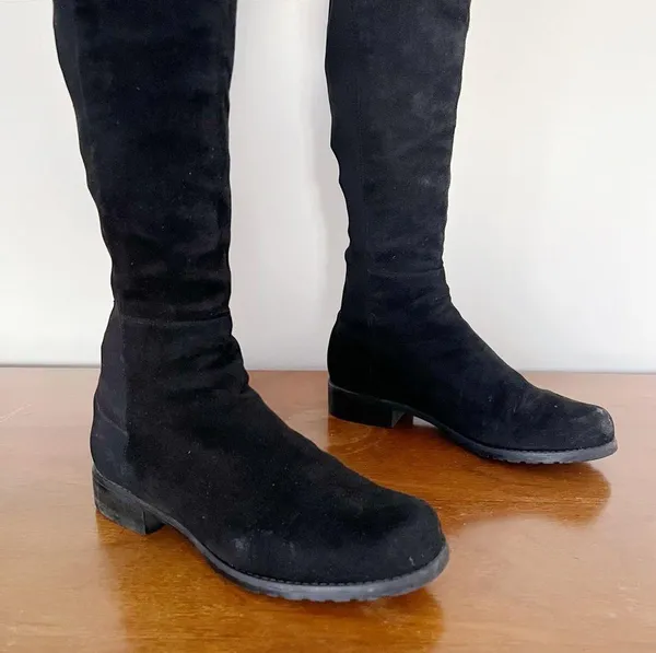 Stuart Weitzman • 5050 Stretch Suede Boots black tall low heel knee high otk - Image 9