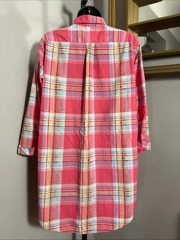 Lauren Ralph Lauren Medium Coral Pink Plaid Button Up Tunic Top or Nightgown - Image 4