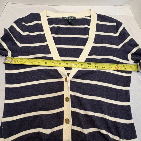 Lauren Ralph Lauren V Neck Navy & White Striped Cardigan Size Small - Image 5