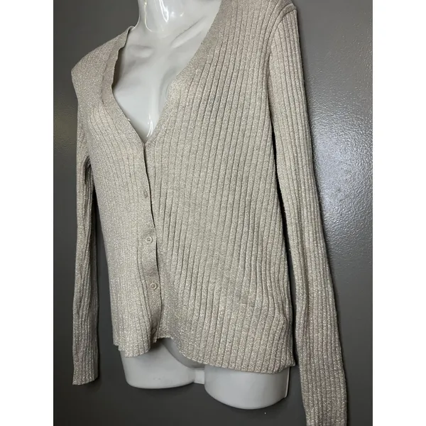 A New Day Sweater Womens Large Beige Metallic Ribbed Button Front Cardigan - Image 4