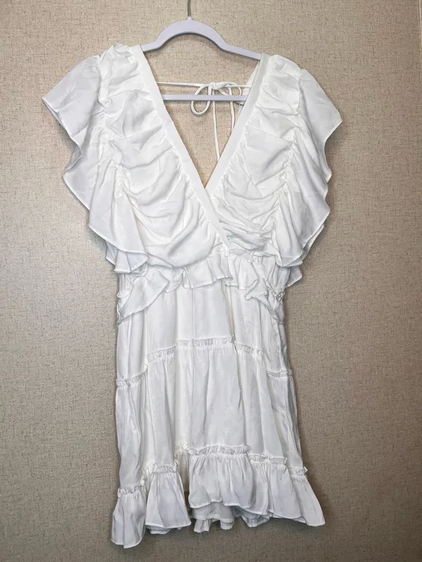 glam White Ruffled Mini Dress Sz M - Image 2