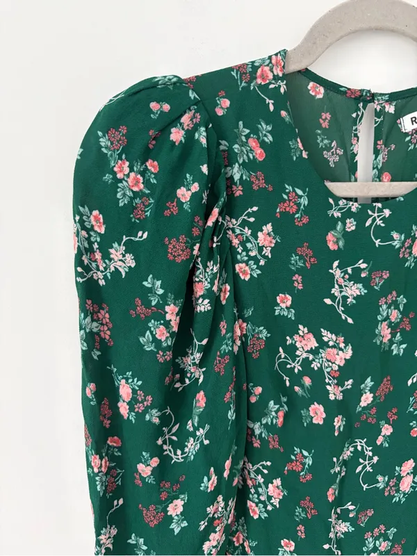 Reformation Juni Long Sleeve Emerald Green Floral Mini Dress Boho Cottage Core 2 - Image 3