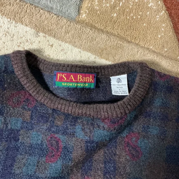 Jos. A. Bank Vintage Paisley Wool Sweater Women L Brown Blue Geometric Italy - Image 2