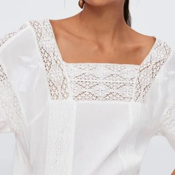 Zara White Embroidered Lace Trim Dress with Side Vents - Image 9
