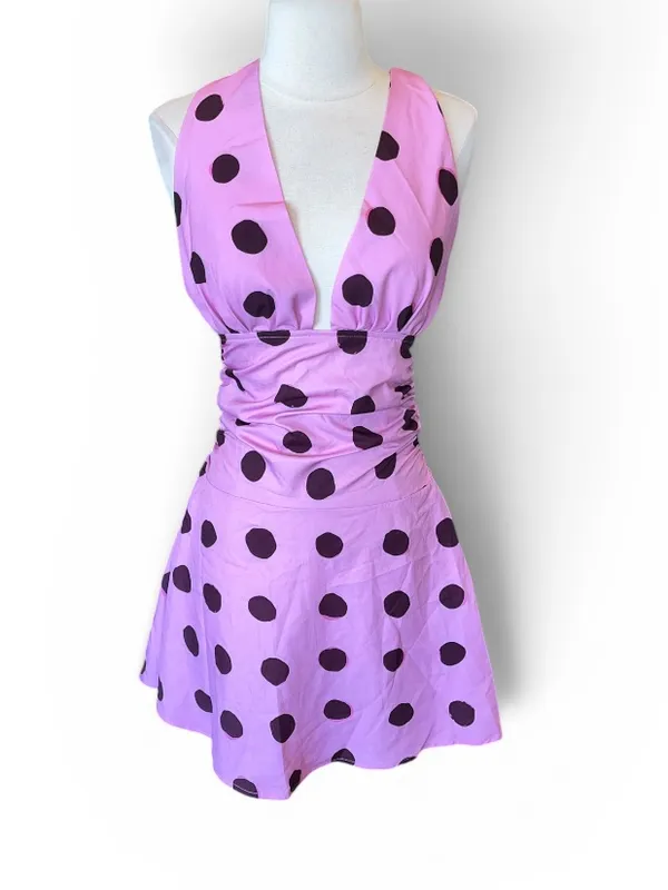 Pink Brown Polka Dot Silky Dress Halter Open Back Mini - Image 5