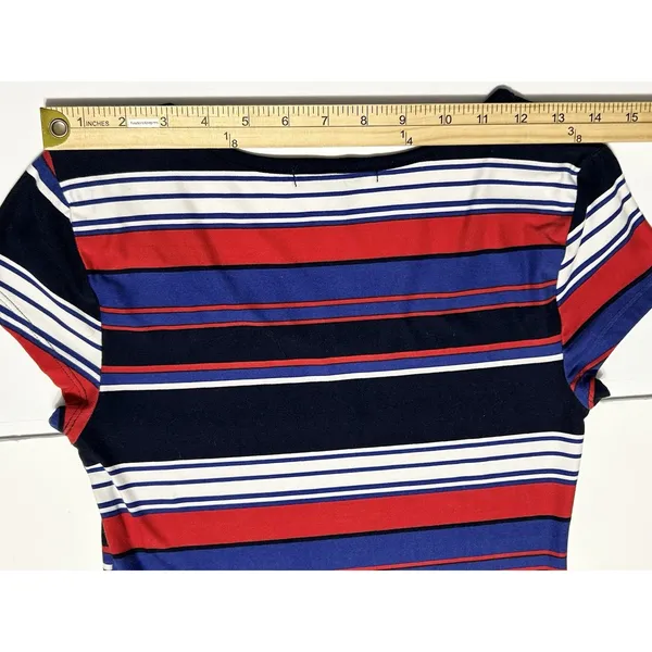 Derek Heart Striped Maxi Dress Med Blue Red White Jersey Knit Short Sleeve VGUC - Image 13