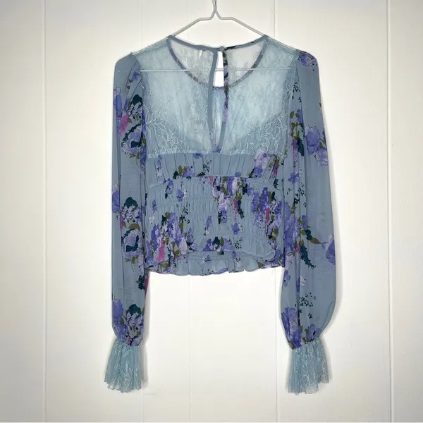Free People Daphne Floral Lace Blouse In Silver Blue Combo NWT XS - Image 7
