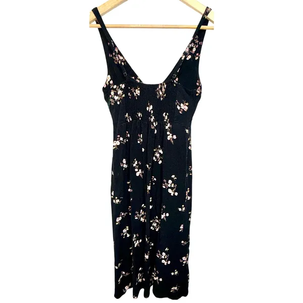 Abercrombie & Fitch Black Floral Smocked Cutout High Slit Midi Dress Womens XS - Image 2