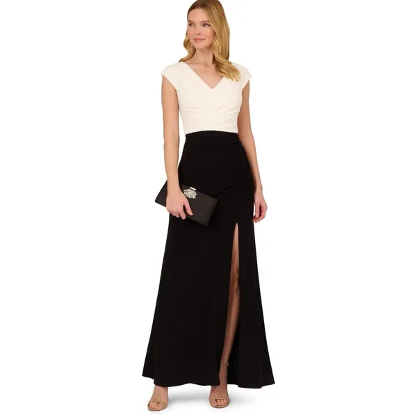 Adrianna Papell Women Pleated Layered Gown Size 4 Black And Ivory Tuxedo Dress - Image 9