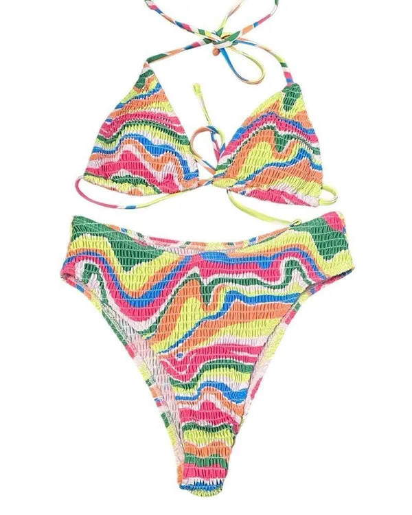 Amazon Womens M Smocked Triangle Bikini Set Rainbow Swirl Scrunch Multicolor New - Image 2