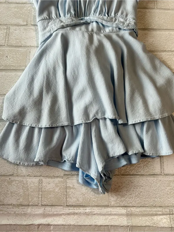 Altar'd State Light Blue Ruffle Cottage core Coastal Romper - Image 3