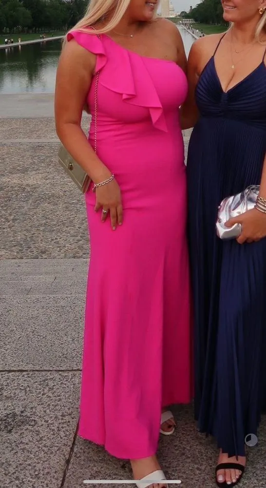 Jay Godfrey hot pink, one shoulder ruffle maxi dress - Image 3
