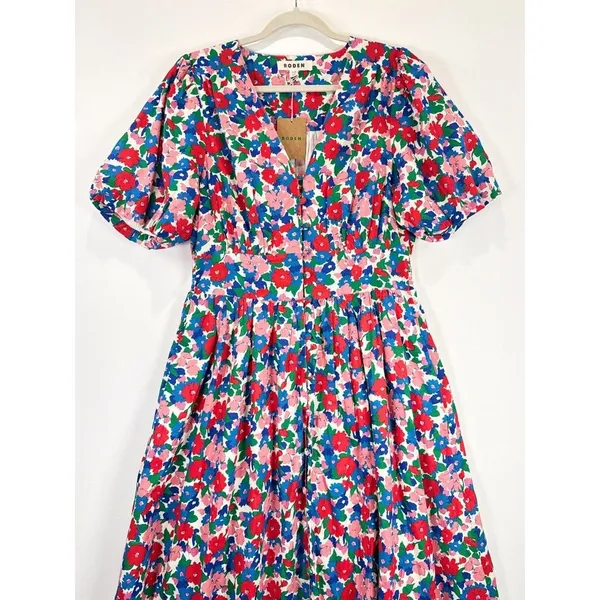 NEW Boden Midi Dress Pink Lillian Cotton Floral V Neck Puff Sleeve Boho US 10 - Image 9