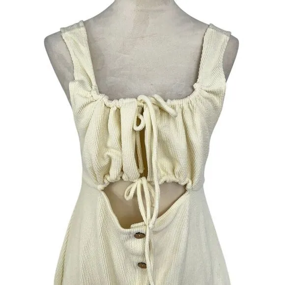 Free People Beach Cream Ribbed Cut Out Button Front Summer‎ Mini Dress Large - Image 2