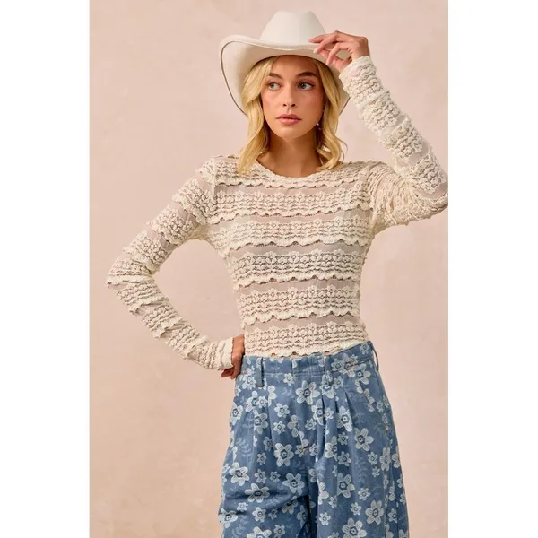 BiBi Ruffles Detail Flower Lace Top - Cream - Small - Image 3