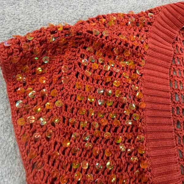 Necessary Objects Women's S Rust Orange Sequin 100% Silk Open Knit Cardigan Vest - Image 4