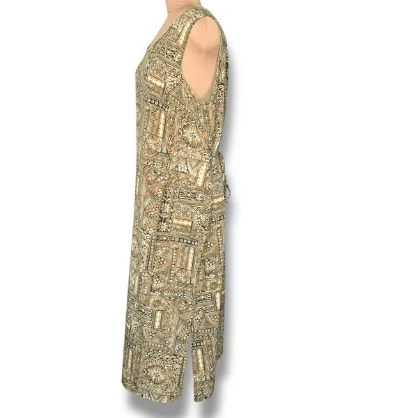 Vintage Black Brown Earth Tone Geometric Sleeveless Tie Back Midi Dress‎ XL Boho - Image 4