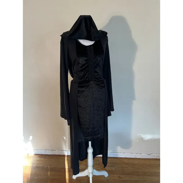 Gothic Hooded Maxi Dress Black Velvet Bell Sleeve Medieval Witchy Gown M/L - Image 3