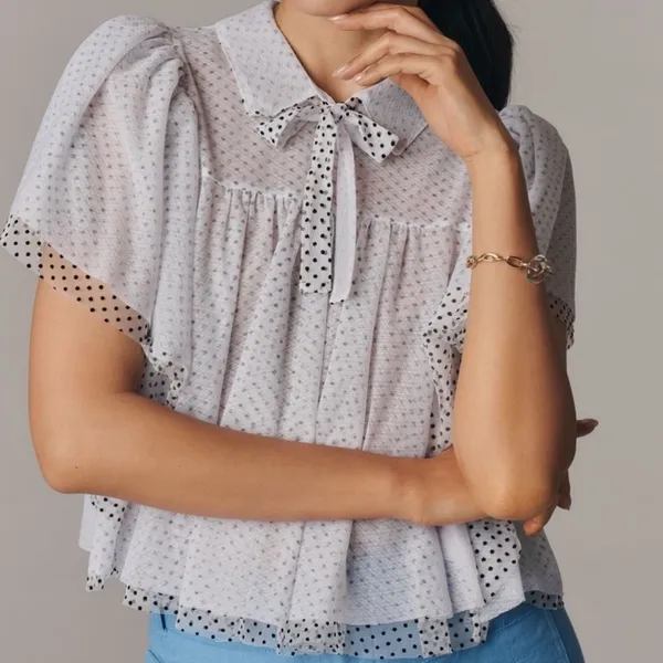 Anthropologie Maeve Short Sleeve Bow Collared Sheer Swing Blouse NWT Size XS - Image 12