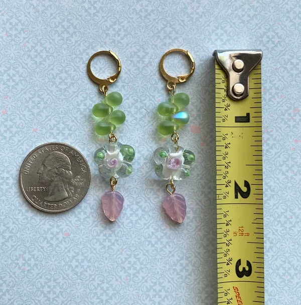flower glass beads & quality Czech glass beads mix boho fairy retro vintage cottage chic style dangle earrings💐🩵 - Image 6