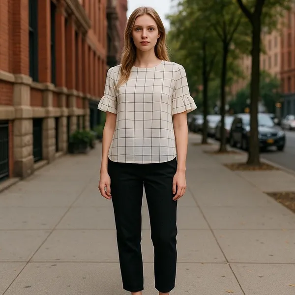 LOFT Top Sz M Ivory Plaid Round Neck Short Sleeve Keyhole Back Peplum Lined - Image 5