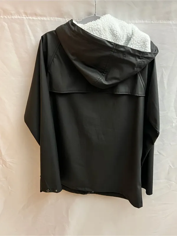Another Influence Black Faux Leather Hooded Rain Jacket Sherpa Lined Medium - Image 3