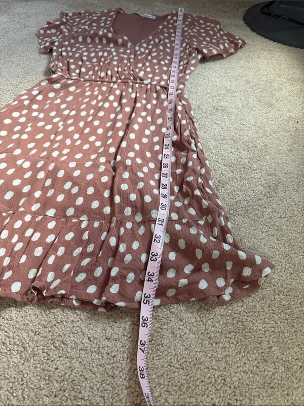 Abercrombie & Fitch Mauve Pink Polka Dot Faux Wrap Mini Dress. Size Medium - Image 10