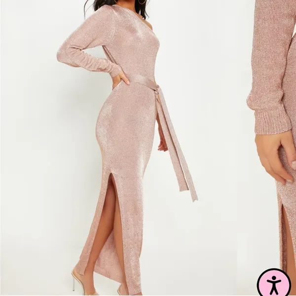 Nwt Plt Rose Gold Metallic Knitted One Shoulder Dress S - Image 3